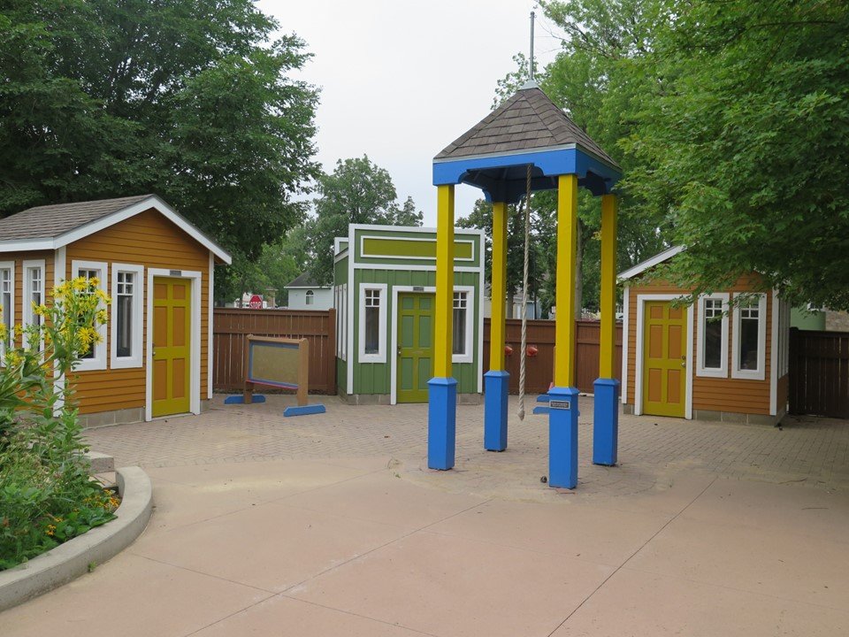 View of the playground houses and mini-campanile.