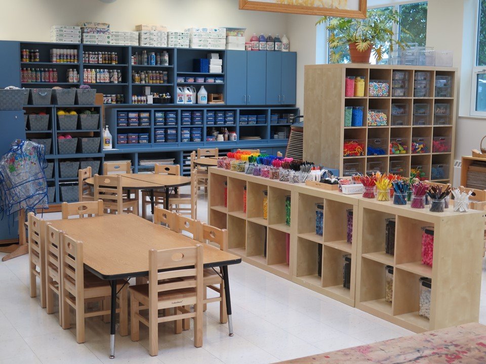 The art studio with tables and chairs and materials to create with such as markers, pipe cleaners, dough accessories, paints and etc.