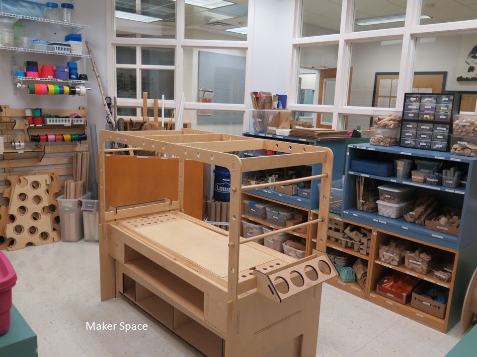 The maker space studio provides a table for groups to use to create projects. 
