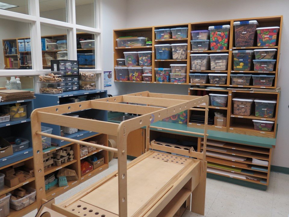 The maker space studio also has shelves full of building block manipulatives. 