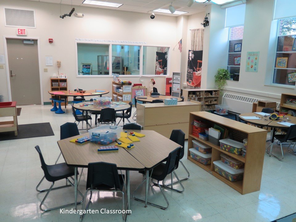 This is our Kindergarten classroom with it's tables, chairs and shelving units holding a variety of materials.