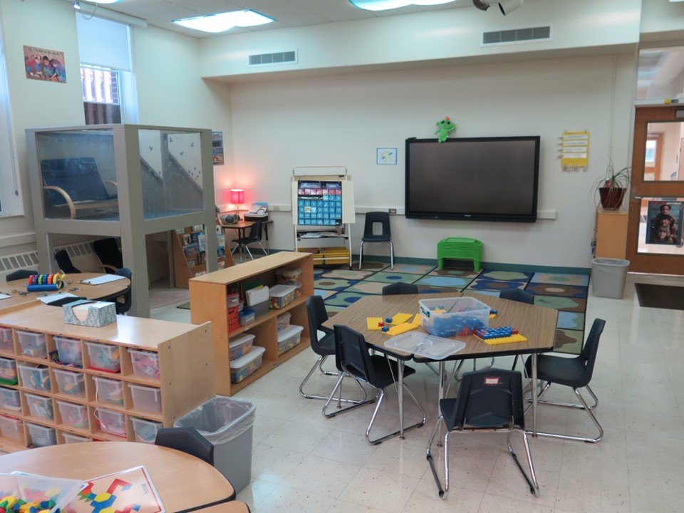 This is another perspective of the Kindergarten room that includes the loft, smart board and group time area.