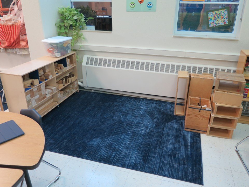 A block area with shelves to hold wood blocks and a blue carpet for building on. 