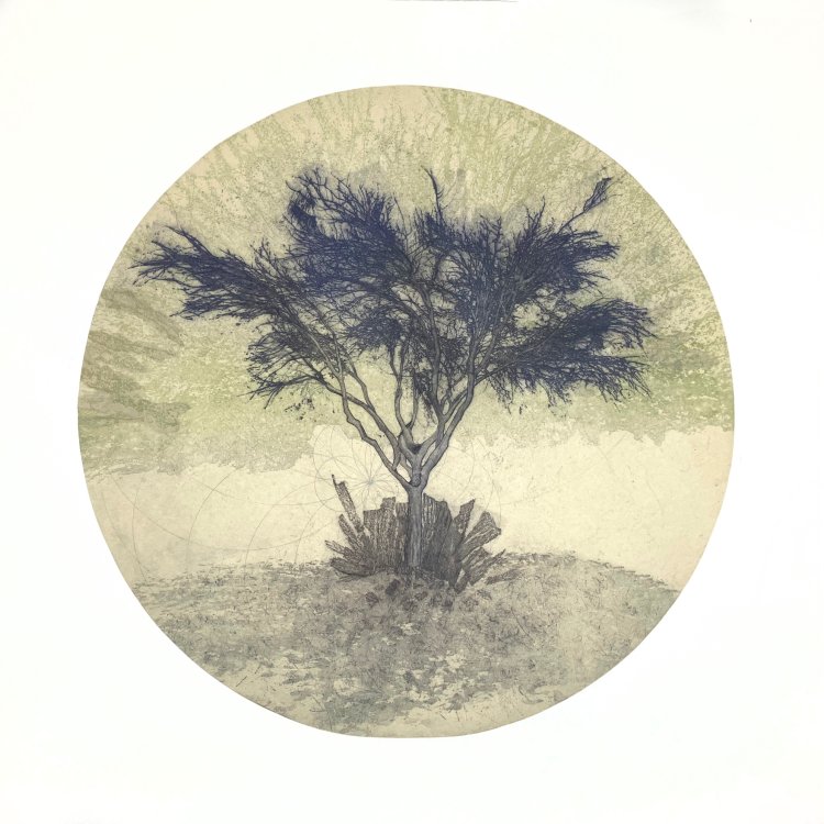 Mary Hood, "(re)Learning Stability," Intaglio print with monotype and chine colle Plate 24” dia, paper 30”sq, framed 31” sq, 2022, SDAM