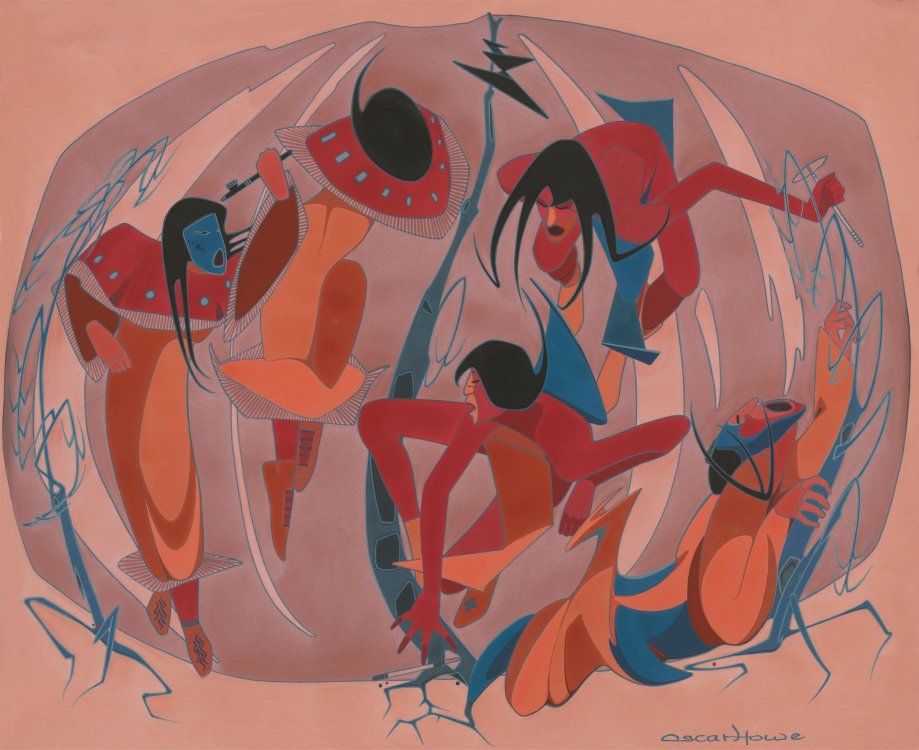 Oscar Howe (Yanktonai Dakota, 1915–1983), Umine Dance, 1958. Casein and gouache on paper, mounted to board, 18 x 22 in. Garth Greenan Gallery, New York © Oscar Howe Family. SDAM