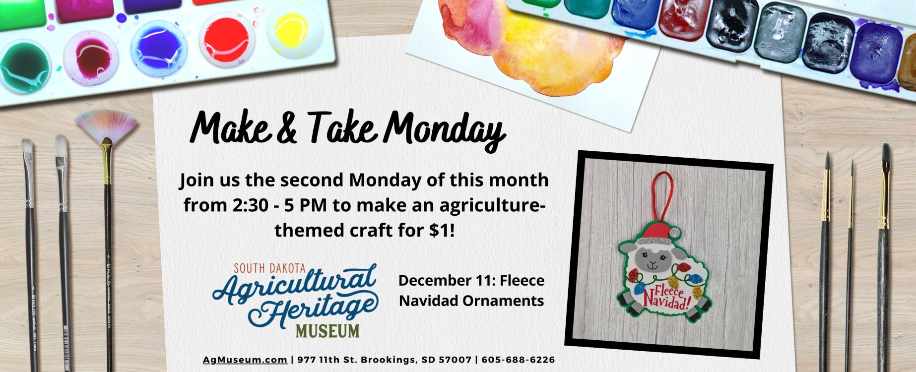 December 11 Make & Take Monday Craft: Fleece Navidad Ornaments.  Join us on the second Monday of each month from 2:30 to 5 p.m. to make an agriculture-themed craft for $1!