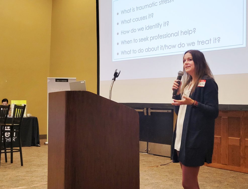 Amanda Reed, a licensed clinical psychologist in Sioux Falls, speaks on traumatic stress and emergency services at a first responder summit held Aug. 25 in Chamberlain.