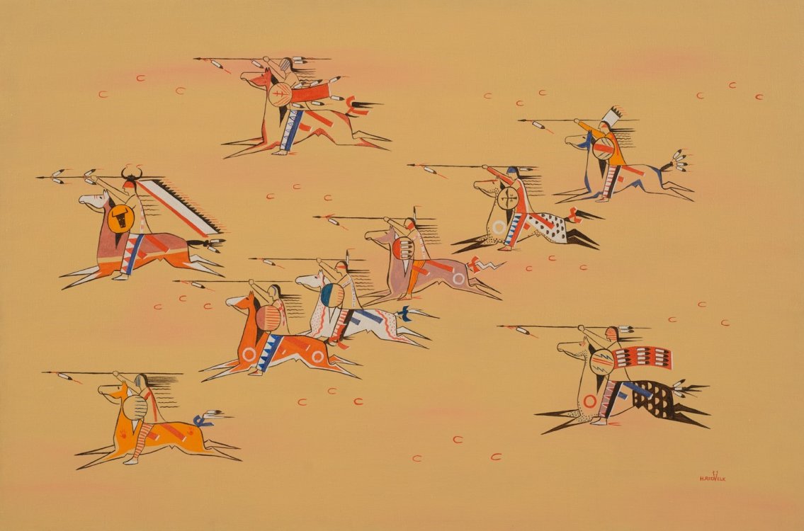 SDAM - (1975.03) Herman Red Elk; War Party, 1974; acrylic on canvas South Dakota Art Museum purchase — Iverson Endowment
