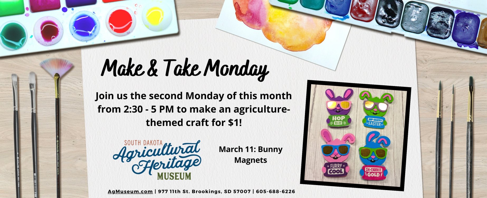 March 11 Make & Take Monday: Bunny Magnets. Join us on the second Monday of each month from 2:30 to 5 p.m. to make an agriculture-themed craft for $1!