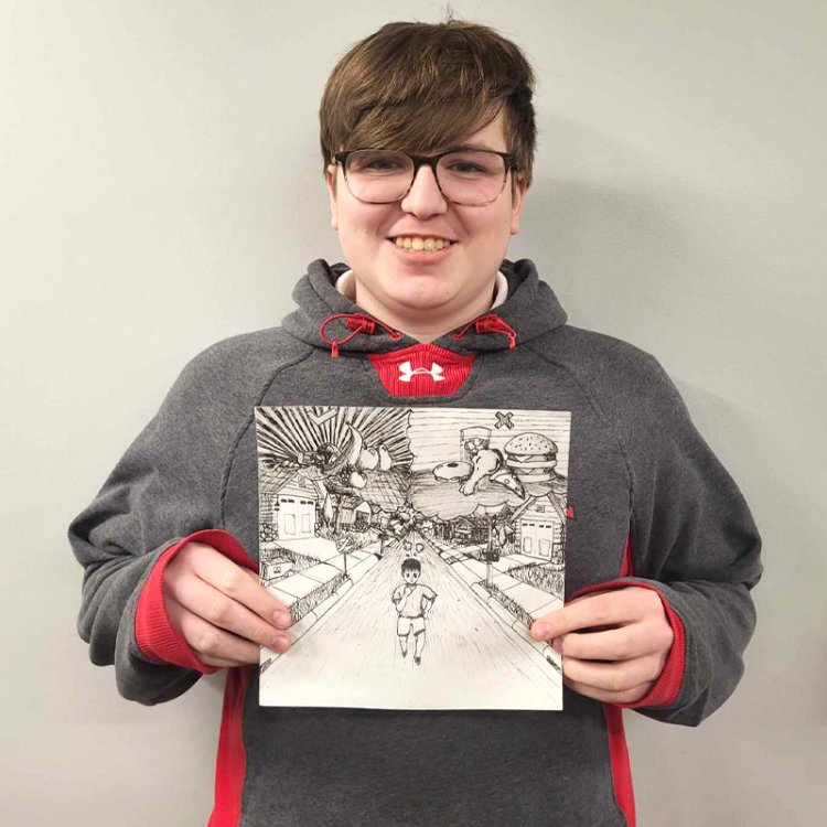 Photo of Hayden Bowers and his submission for the LaunchSkills Art Contest