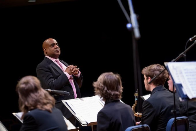 Terell Stafford instructs a group of musicians