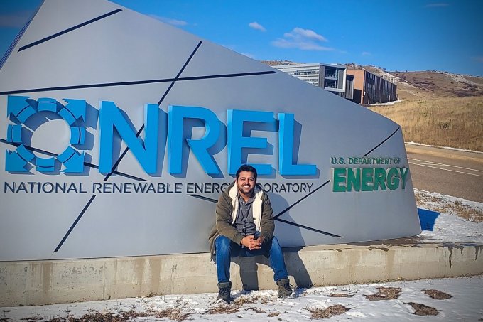 Sunil Subedi, a Ph.D. candidate at South Dakota State University, poses outside the National Renewable Energy Laboratory in Golden, Colorado after completing his seven month internship.