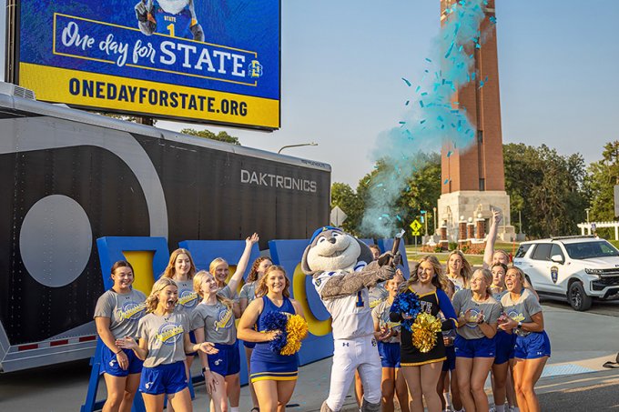 SDSU cheerleaders and Jack the Jackrabbit celebrate One Day for STATE.
