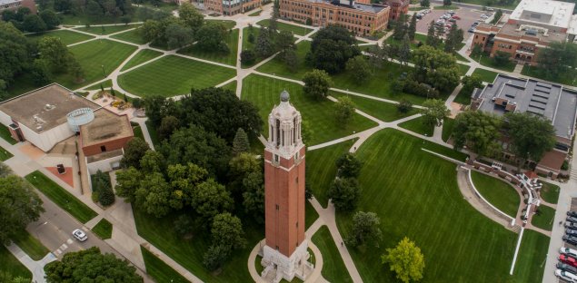 Aerial view of campus from the west campanile in foreground.