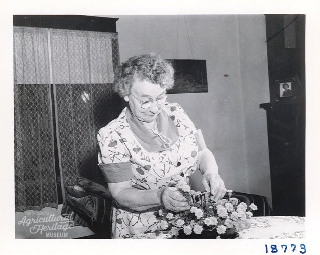 Leland Sudlow Photograph Collection 70-1-42. A black and white photo of an older women with curled hair and a white dress arranging flowers.  In the background, there are lace curtains covering a window, a picture hanging on the wall, and a photograph of a young women on a mantle.
