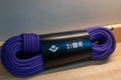 Purple climbing rope sitting on a counter