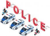 Graphic with the word Police, featuring 3 police cars and 2 police motorcycles.