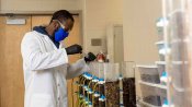 Doctoral student Abdoul Aziz Kouanda of SDSU’s Department of Civil and Environmental Engineering pulls water samples from a column reactor to determine the nitrate removal rates of fresh woodchips and those subjected to three different types of weathering—sunlight alone, soil and water/moisture and natural outdoor conditions.
