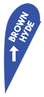 Blue directional flag for Brown and Hyde Hall.