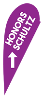 Purple directional sign for Honors and Schultz Hall.