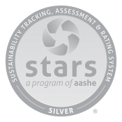 STARS Silver Logo - a silver ring with white lettering on the top that says "Sustainability Tracking, Assessment & Rating System." The bottom says Bronze. Inside the ring is a lighter silver and has the STARS star symbol and underneath it says, "stars" and below that it says "a program of aashe."