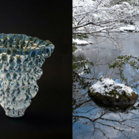 Japanese ceramic vase on the left. Photograph of snow on a rock in water.