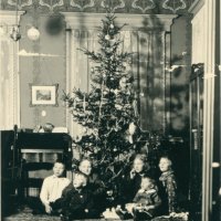 Six children in front of a Christmas tree ca. 1895-1910 (1976:016:263)