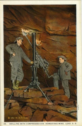 "Postcard showing two men operating a pneumatic drill at the Homestake Mine in Lead, S.D., 1912."