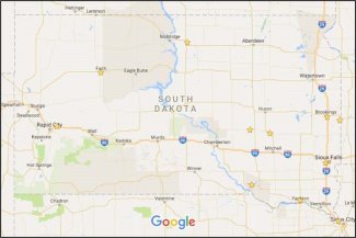 Google map of South Dakota showing SDWfS school wind turbine installations (indicated by the stars)  