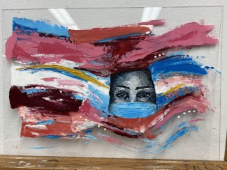 Painting of the eyes of a girl peering through rows of color
