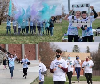 A collage of photos from the SAAM (sexual assault awareness month) 2021 5K color run, hosted by FEM.