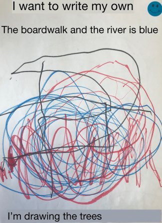 Child's drawing: The boardwalk and the river is blue. I am drawing the trees.