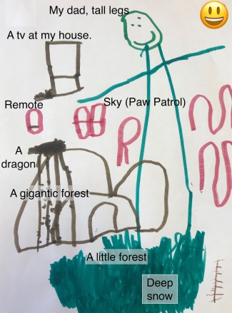 Child drawing: A little forest, deep snow, a dragon, remote, tv at my house, my dad (tall legs), Sky (Paw Patrol)