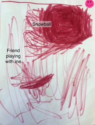 Child's drawing: Firend playing with me, snowball (red scribbles)