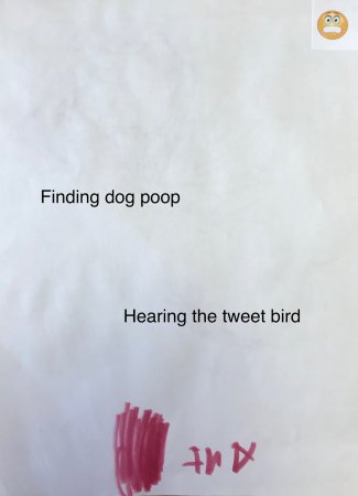Child's drawing: Finding dog poop, hearing the tweet bird