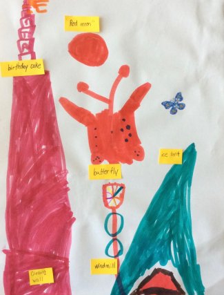 Child's drawing: birthday cake, butterfly, ice tent, windmill, red moon