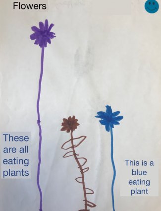 Child's drawing: blue and purple flowers