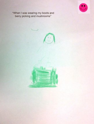 "When I was wearing my boots and berry picking and mushroom" (Child's Drawing)