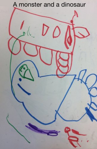 A monster and a dinosaur child's drawing