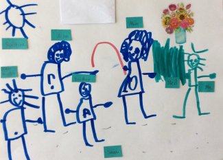 Child's drawing: stick figures family on snow