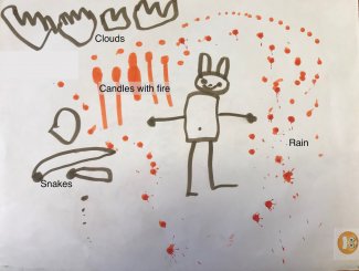 Child's drawing: Clouds, Candles with fire, snakes, rain