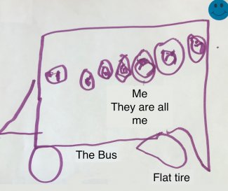Child's drawing: The bus, flat tire, me they are all me