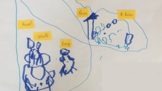 Child's drawing: Wolf, road, frog, tree, a bear