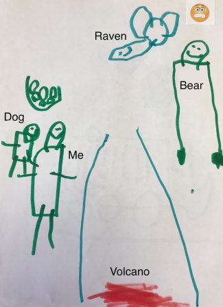 Child's drawing: Raven, dog, me Bear, volcano