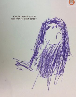 Child's drawing: stick figure (I feel sad because I miss my mom when she goes to school)