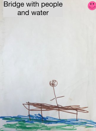 Child's drawing: Bridge with people and water