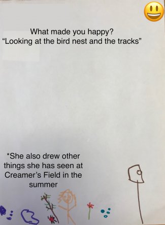 Child's drawing: things she saw at Creamer's field in the summer ) Flowers, water, bugs, etc.