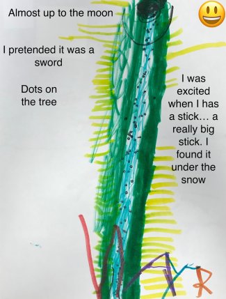 Child's drawing: I was excited when I has a stick.. a really big stick. I found it under the snow. Dots on the  tree, Almost up to the moon, I pretend It was a sword.