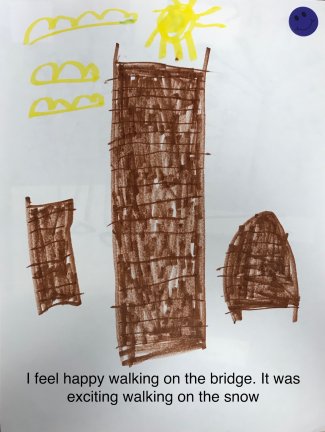 Child's drawing: I feel happy walking on the bridge. It was exciting walking on the snow.
