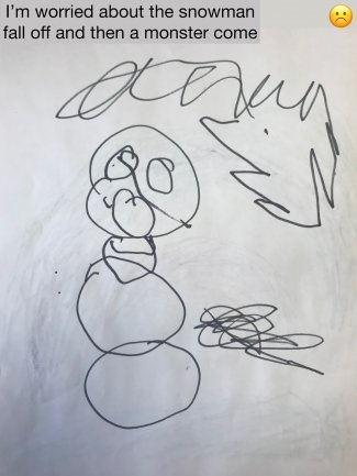 Child's drawing: I'm worries about the snowman fall off and then a monster come